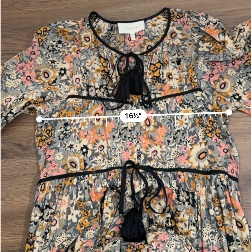 THE GREAT Floral Cotton Tassel Maxi Dress Womens Size 1 Small Boho Pockets Grey - Picture 7 of 7